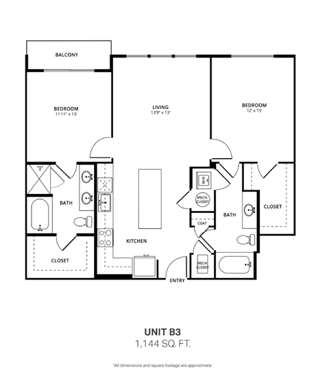 Floor plan for 2 beds, 2 baths, 1144 sqft